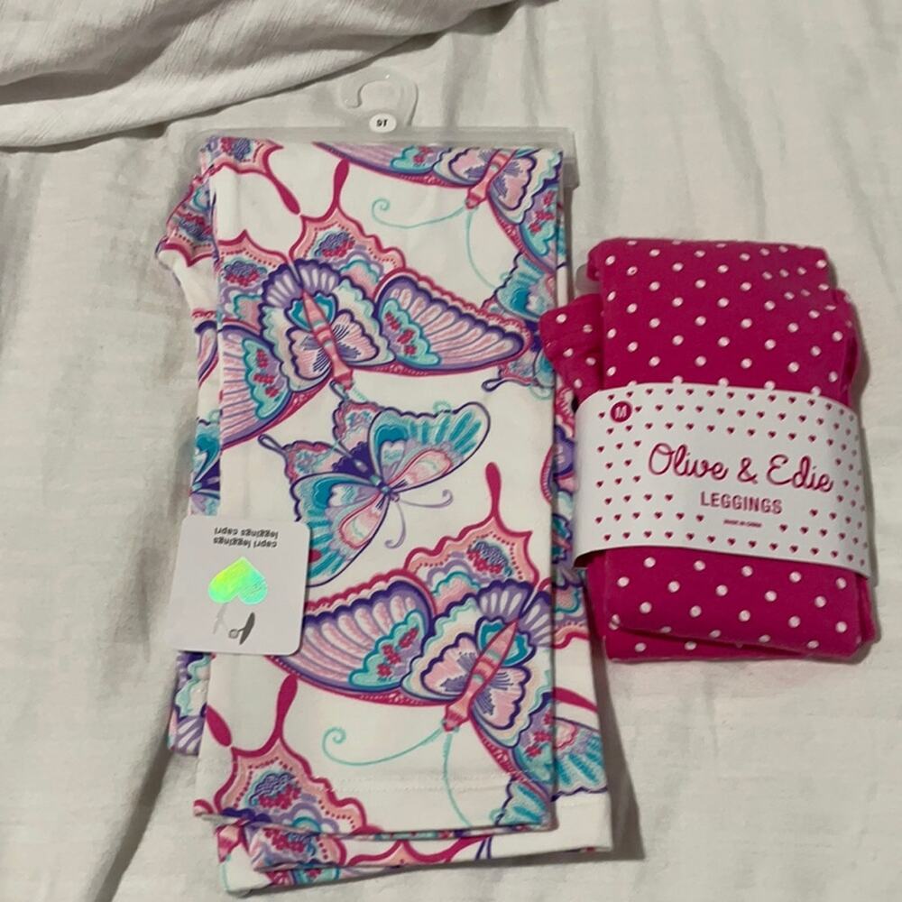 Legging duo 5 NWT pink white polka dot and white butterflies pastels